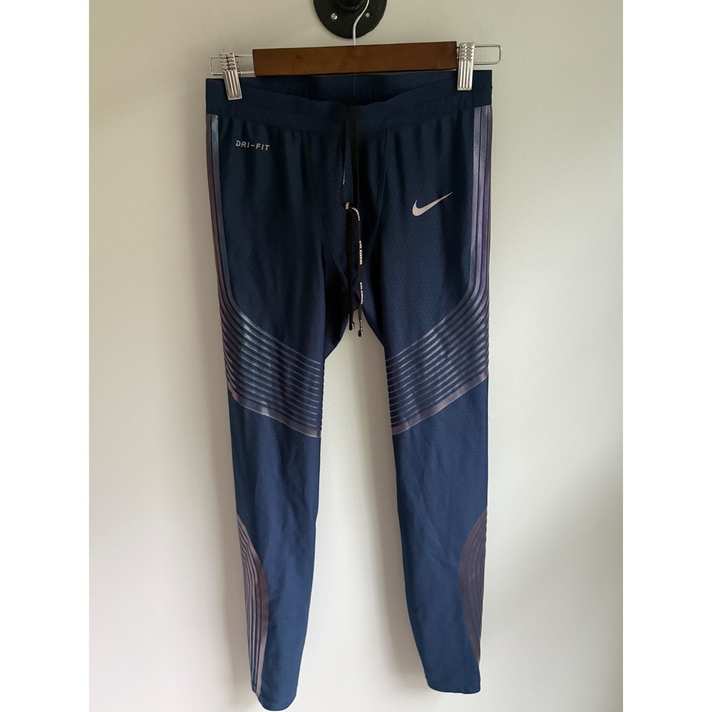 Nike Dri-FIT Womens Running Pants Navy Blue Metallic Bronze Leggings Size M